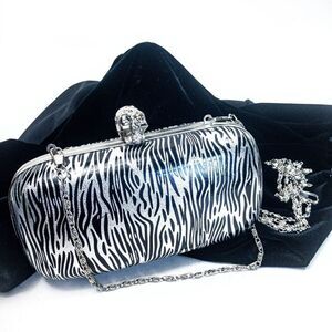 Kate Landry Silver Skull Zebra Hardshell Clutch Evening Bag